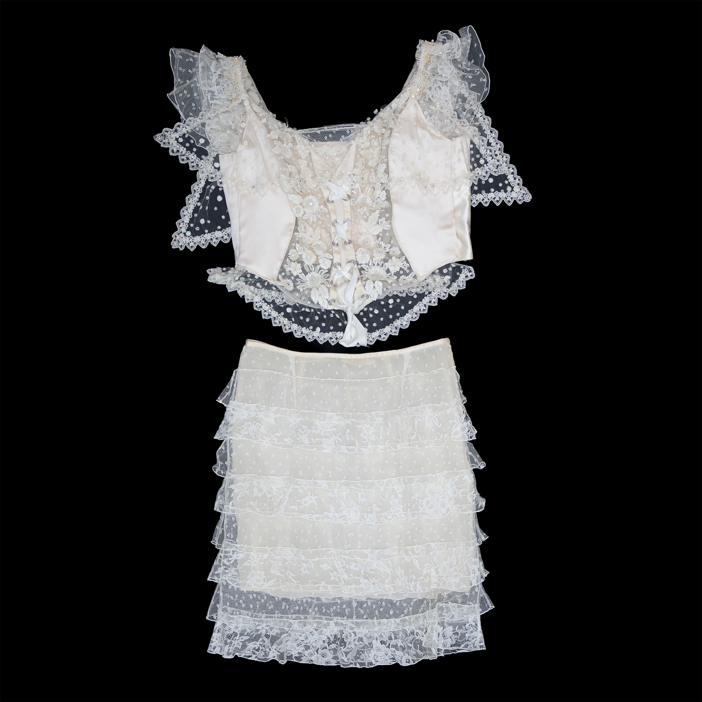 Extra Rare Vintage Valentino White Corset & Skirt Set with Crystal Fringe – Runway 2004 – Size S–M (US 4–6)
