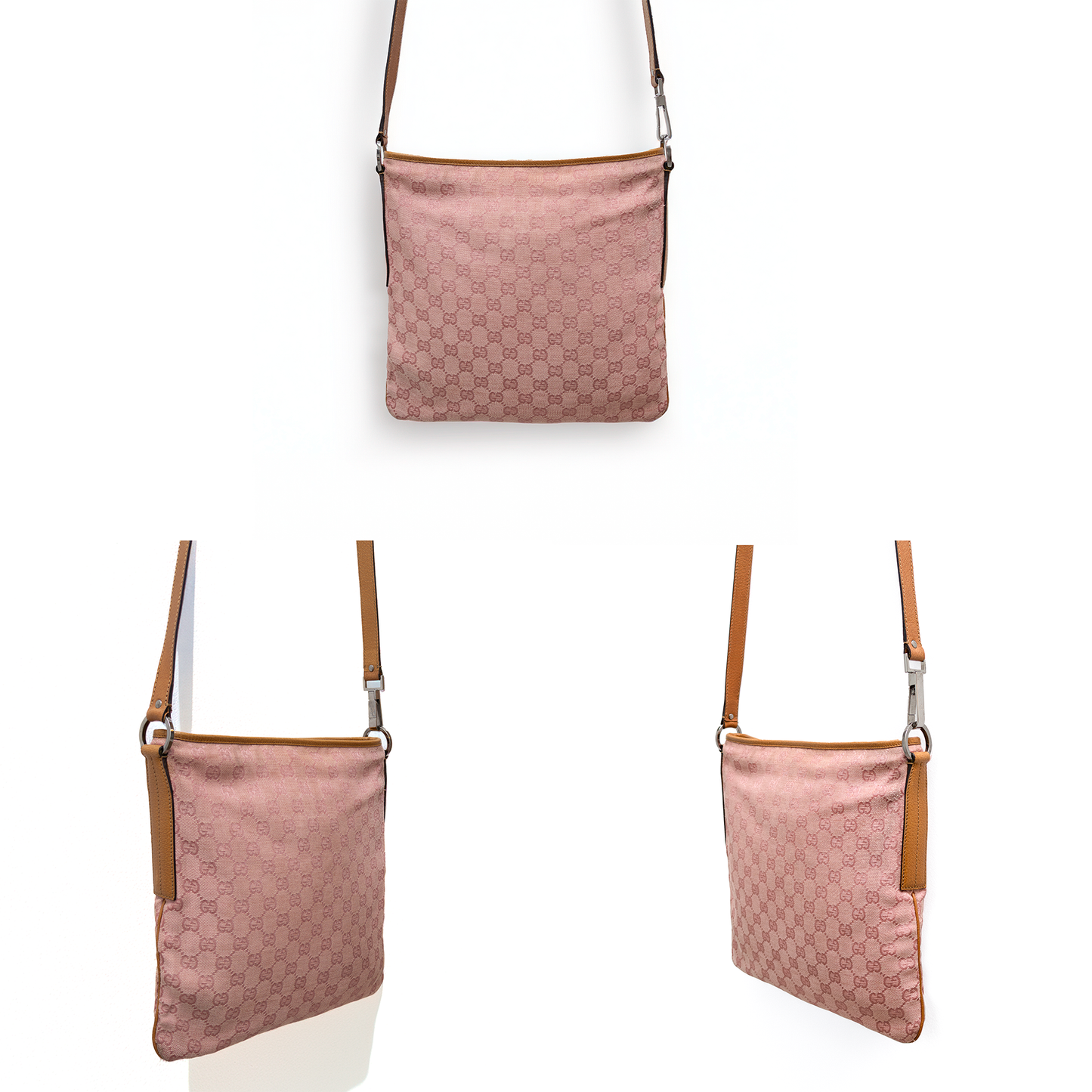 Gucci GG Monogram Pink Canvas Leather Trim Crossbody Bag - Style 113018 1956