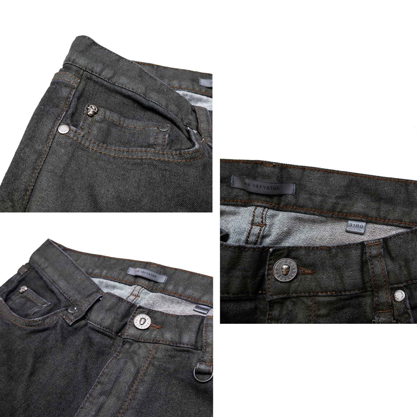 John Varvatos Woodward Jeans 31R Grey Skull Rivet Button Fly Slim Fit