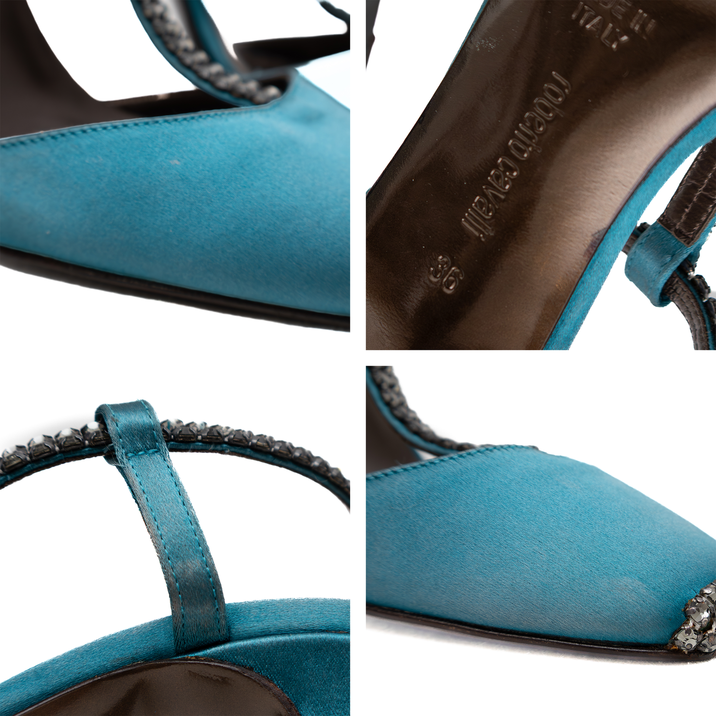 Roberto Cavalli Teal Satin Crystal Embellished Heels – Size 36 (US 6 / UK 3.5 / EU 36)