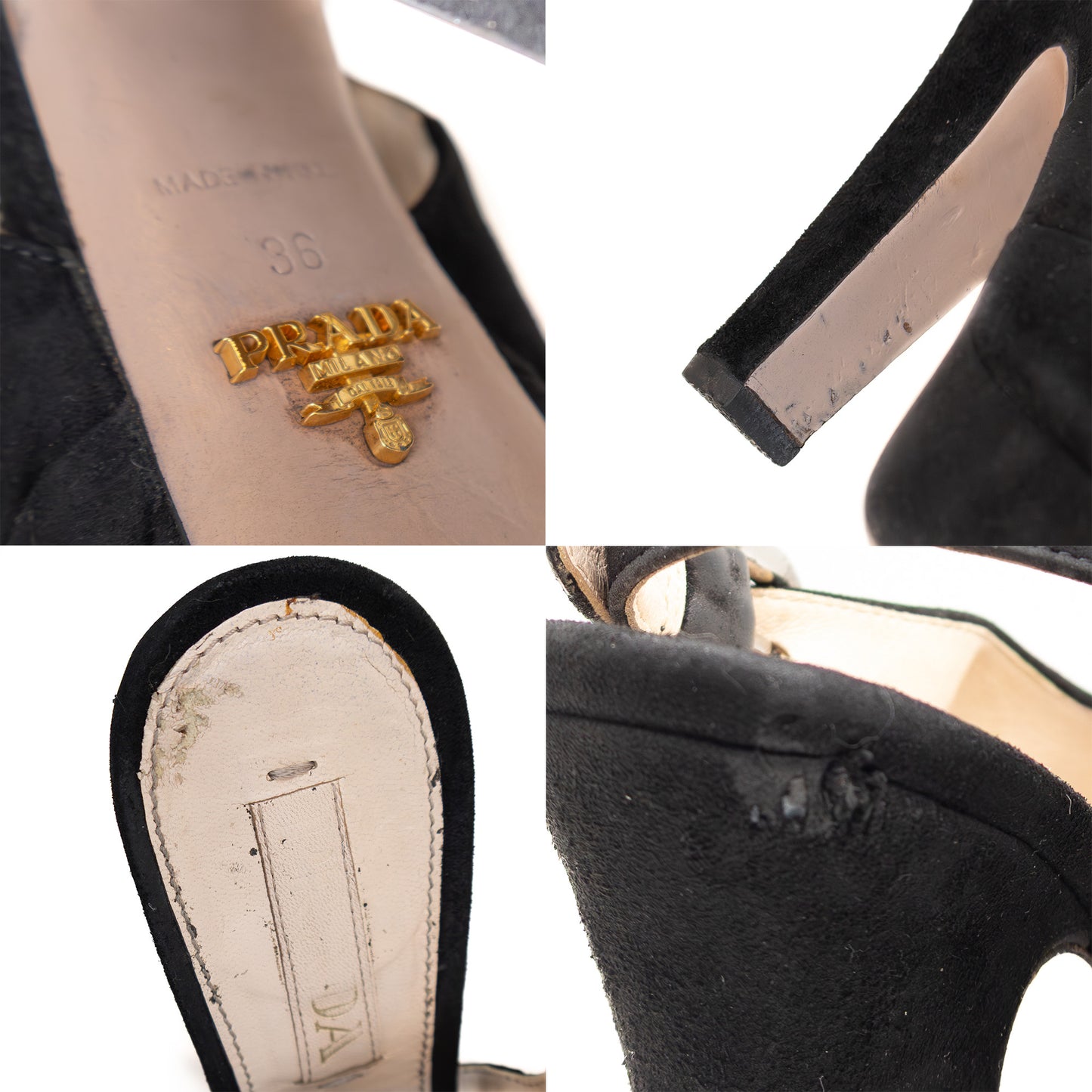 Prada Black Suede Peep-Toe Platform Slingback Heels – Size US 6 / UK 3.5 / EU 36 – Crystal Buckle Detail
