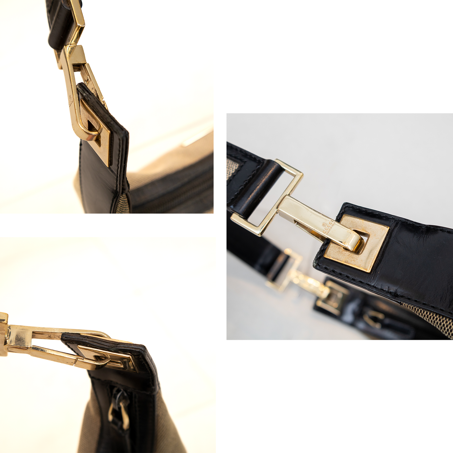 Rare GUCCI Women’s One-Shoulder Bag Handbag Gold Hardware Canvas Gray/Black