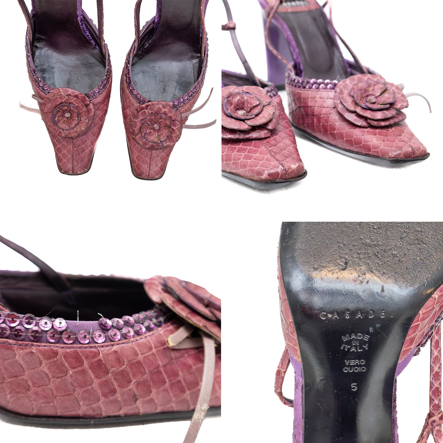 Casadei Purple Snake-Embossed Slingback Stiletto Heels – Size US 5 / UK 3 / EU 35