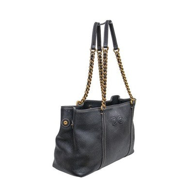 Dolce & Gabbana Black Pebbled Leather Chain Shoulder Tote Bag DG Leopard