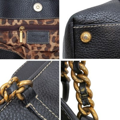 Dolce & Gabbana Black Pebbled Leather Chain Shoulder Tote Bag DG Leopard