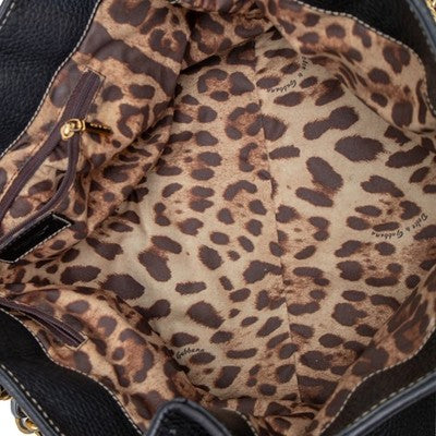 Dolce & Gabbana Black Pebbled Leather Chain Shoulder Tote Bag DG Leopard