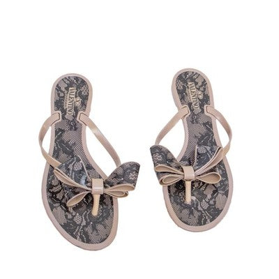 Valentino Garavani Lace Print Bow Jelly Sandals Nude Black EU 38 US 8