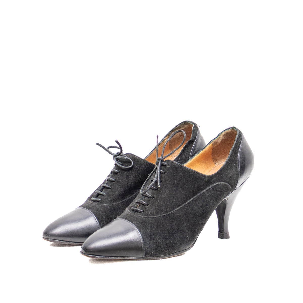 Hermès Derby Black Suede & Leather Lace-Up Heels — Size 35.5 EU / 5.5 US
