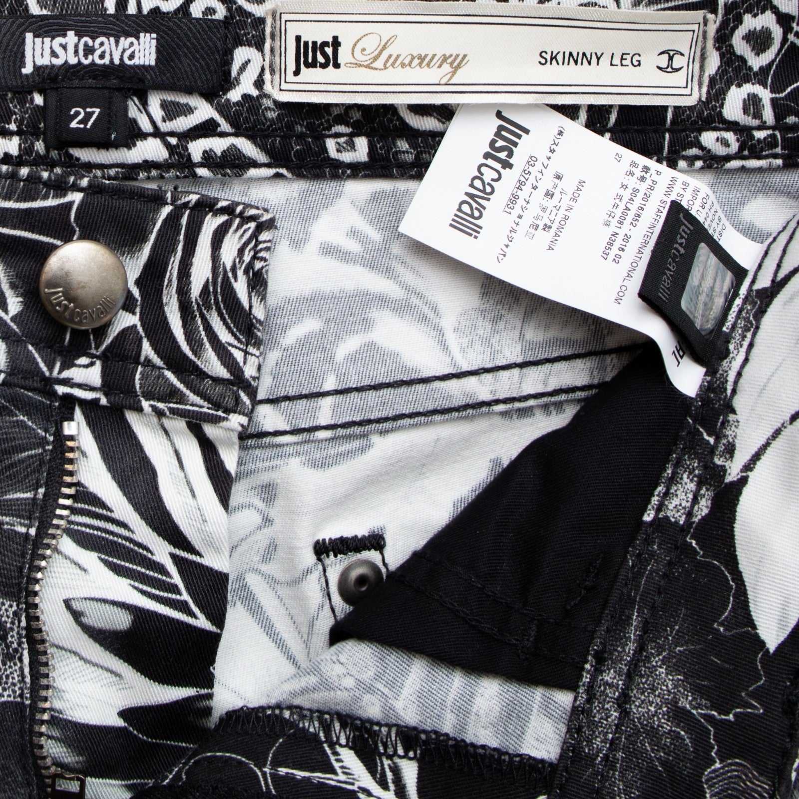 Just Cavalli Luxury Skinny Leg Tiger Print Jeans Black White Size 27 US 4
