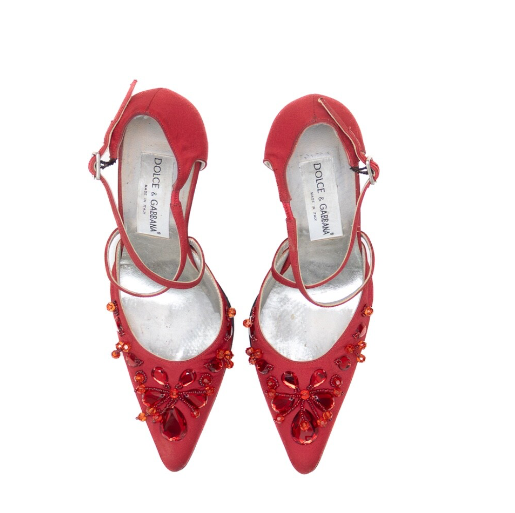 Vintage Dolce & Gabbana Red Satin Jeweled Stiletto Heels – Size US 6.5