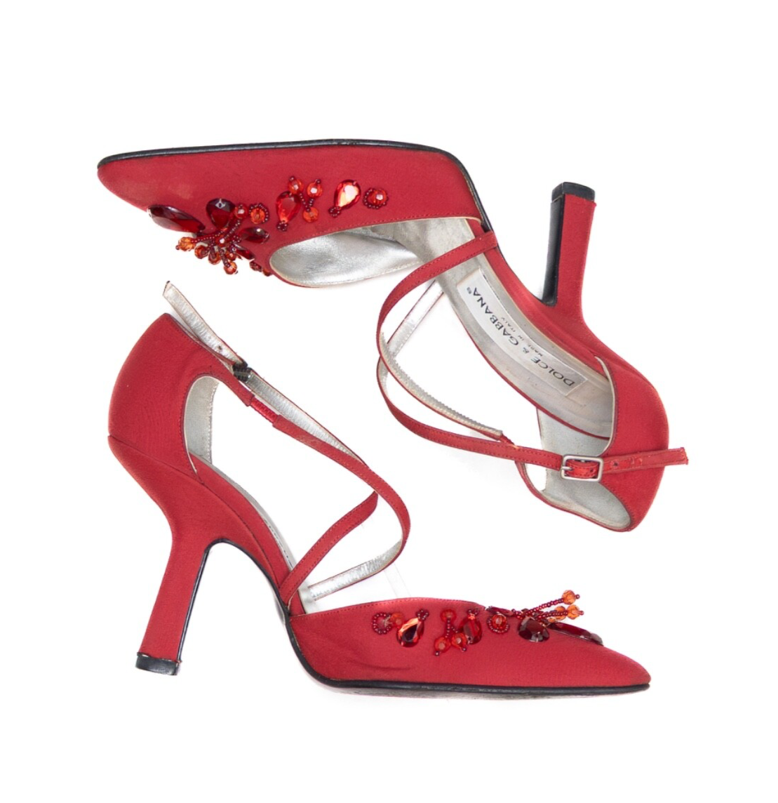 Vintage Dolce & Gabbana Red Satin Jeweled Stiletto Heels – Size US 6.5