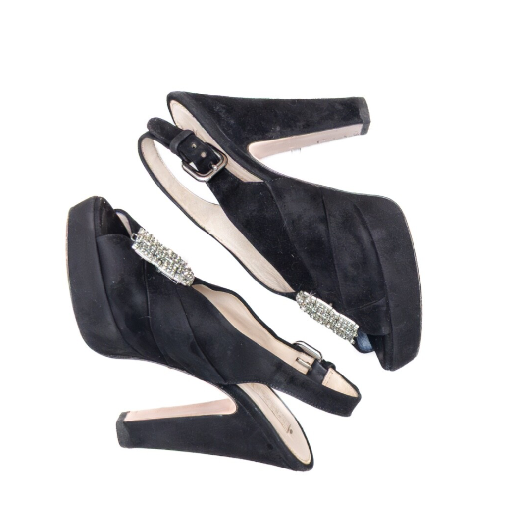 RARE VTG  Prada Black Suede Crystal Embellished Platform  Heels – Size EU 36