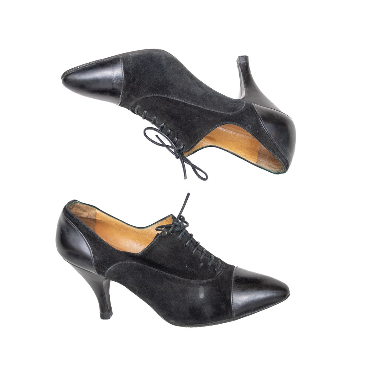 Hermès Derby Black Suede & Leather Lace-Up Heels — Size 35.5 EU / 5.5 US