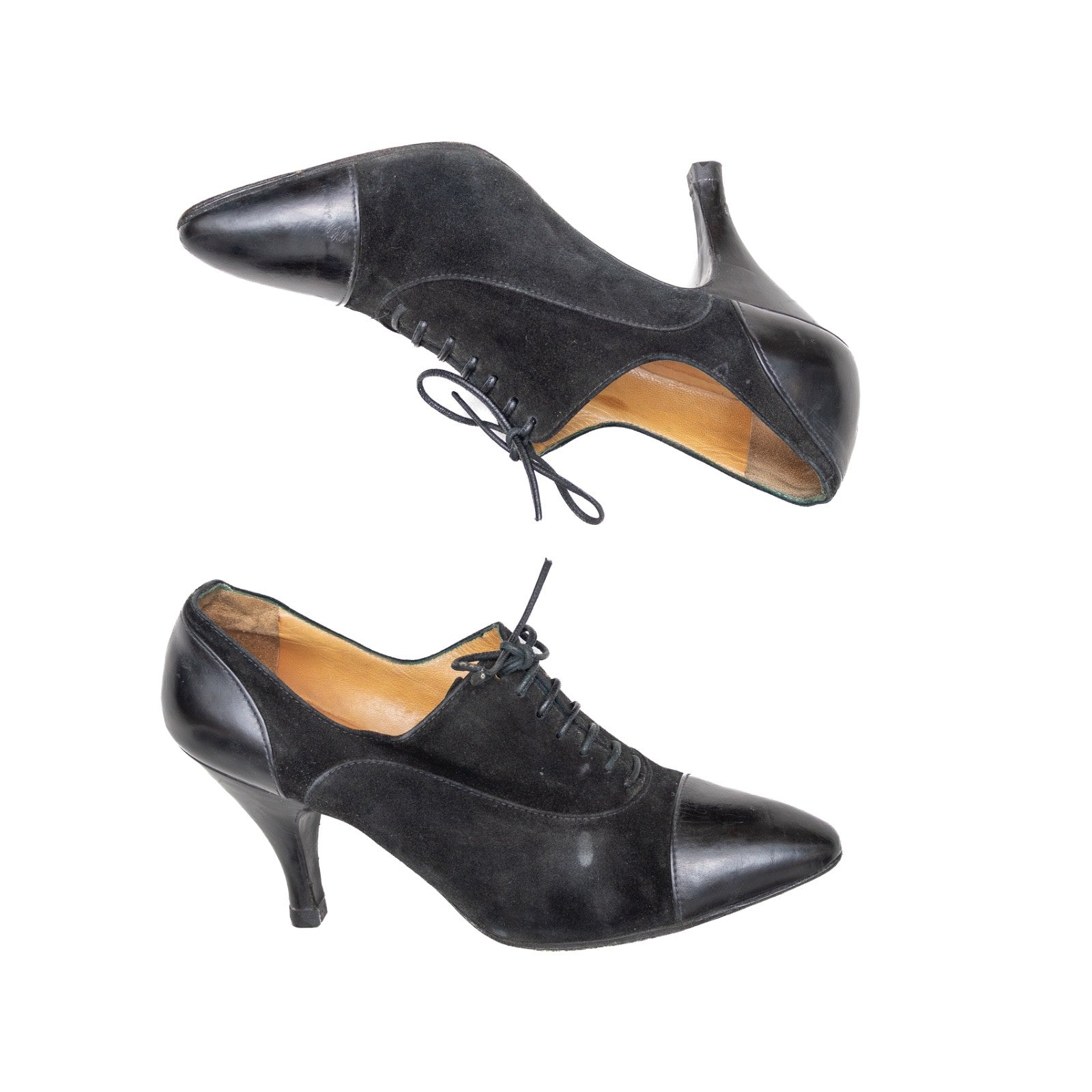 Hermès Derby Black Suede & Leather Lace-Up Heels — Size 35.5 EU / 5.5 US