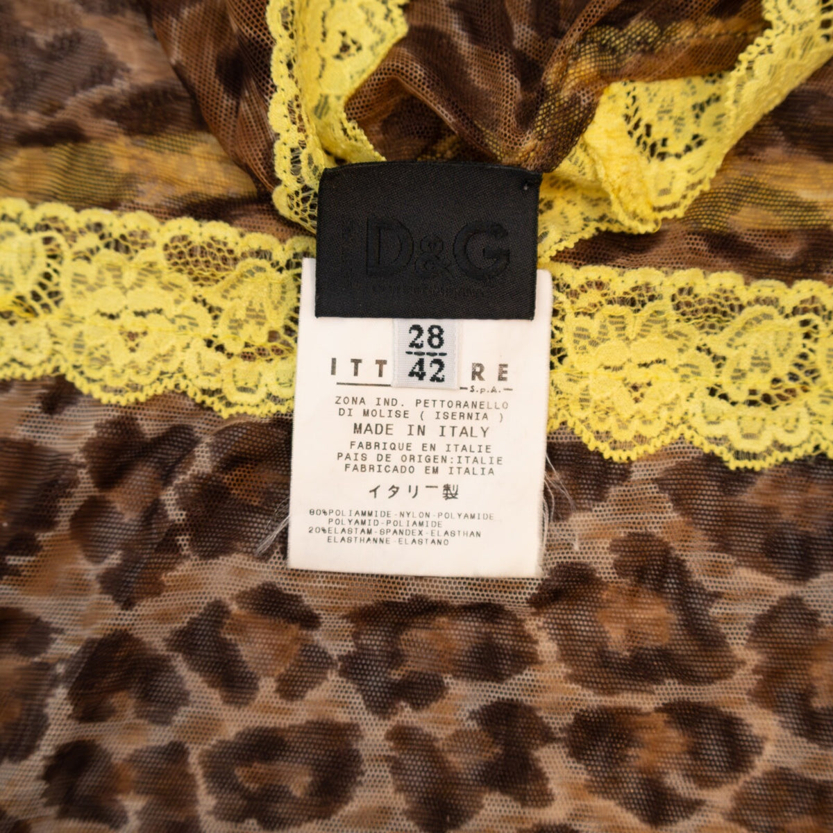RARE Vintage Dolce & Gabana  Leopard Mesh Top w Yellow Trim – Size IT 42 / US 6