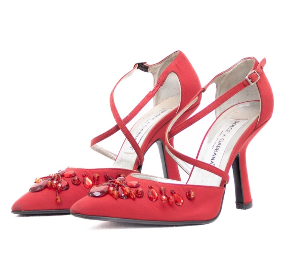 Vintage Dolce & Gabbana Red Satin Jeweled Stiletto Heels – Size US 6.5