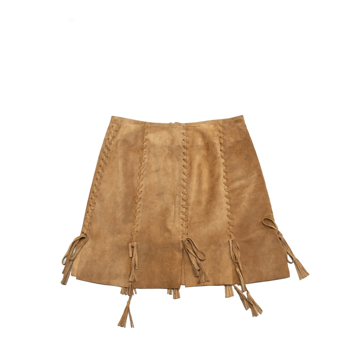 Moschino Leather Brown Suede Lace Up Tassel Mini Skirt Estimated Size M US 6