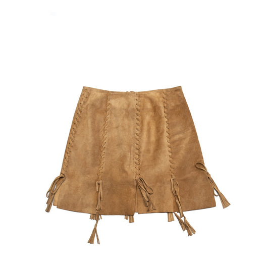 Moschino Leather Brown Suede Lace Up Tassel Mini Skirt Estimated Size M US 6