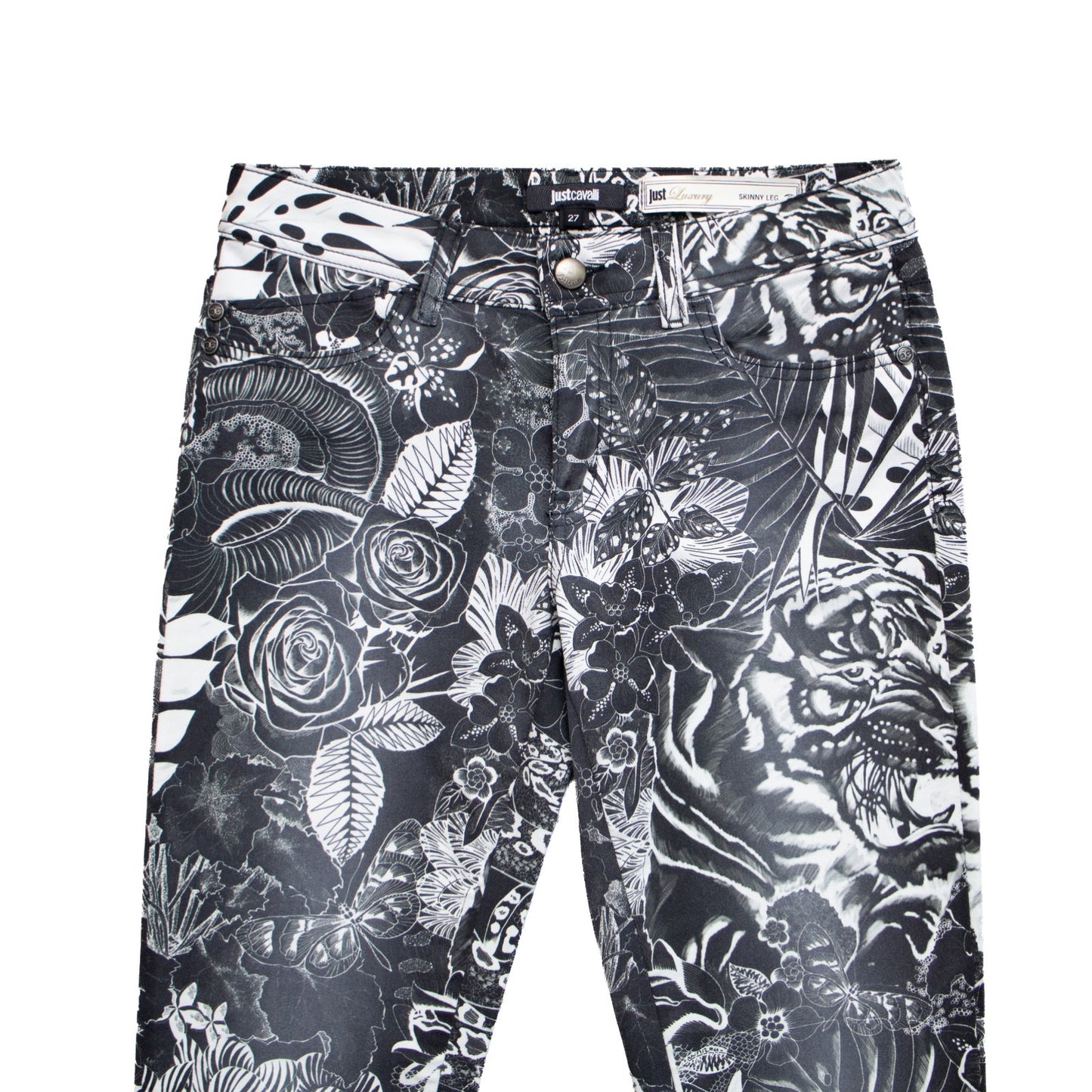 Just Cavalli Luxury Skinny Leg Tiger Print Jeans Black White Size 27 US 4