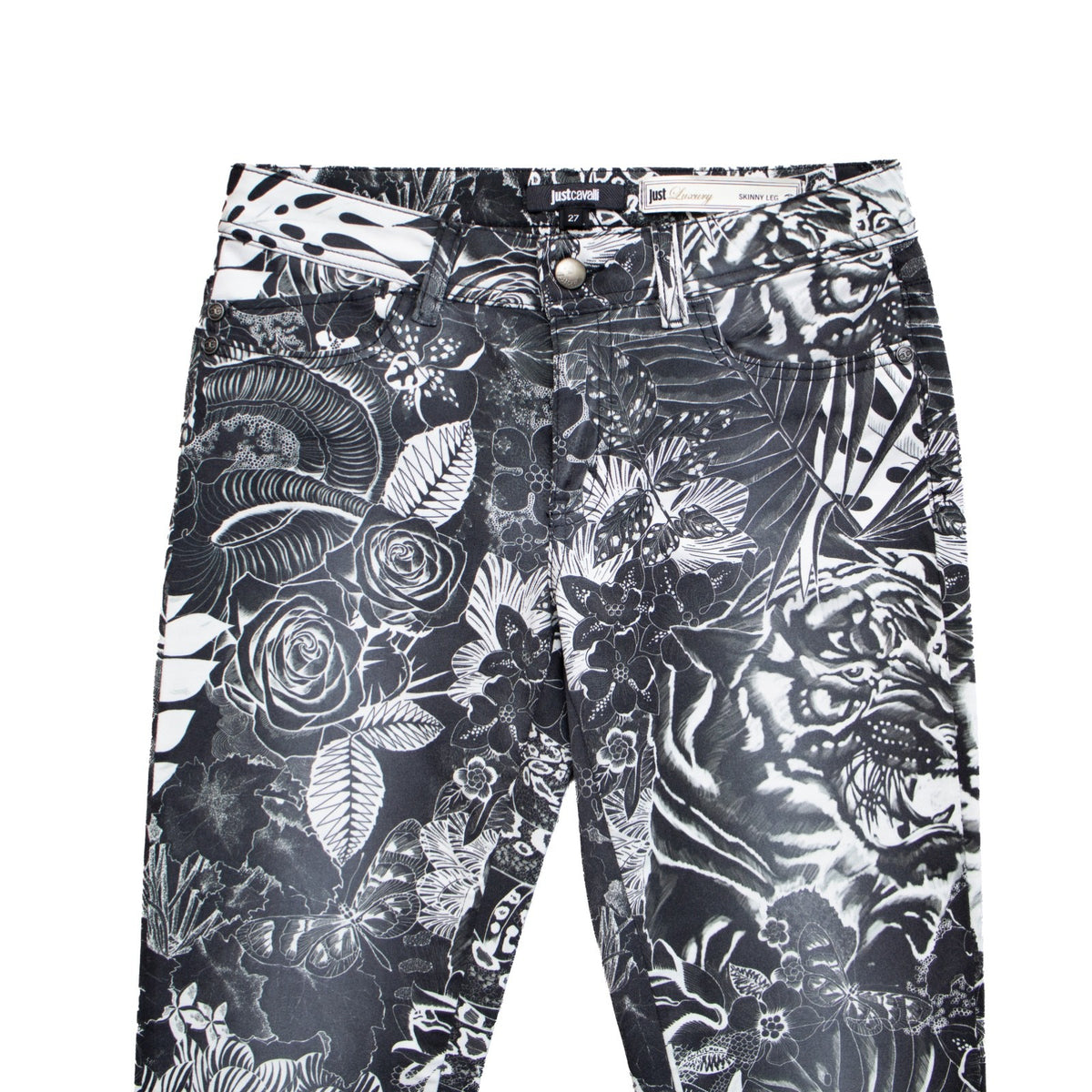 Just Cavalli Luxury Skinny Leg Tiger Print Jeans Black White Size 27 US 4