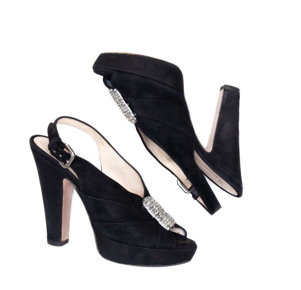 RARE VTG  Prada Black Suede Crystal Embellished Platform  Heels – Size EU 36