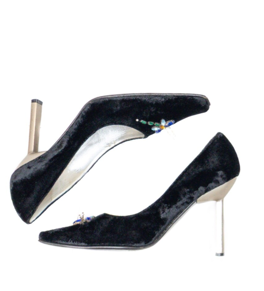 Rare VTG Giuseppe Zanotti Black Velvet Dragonfly Embellished Heels – Size EU 36