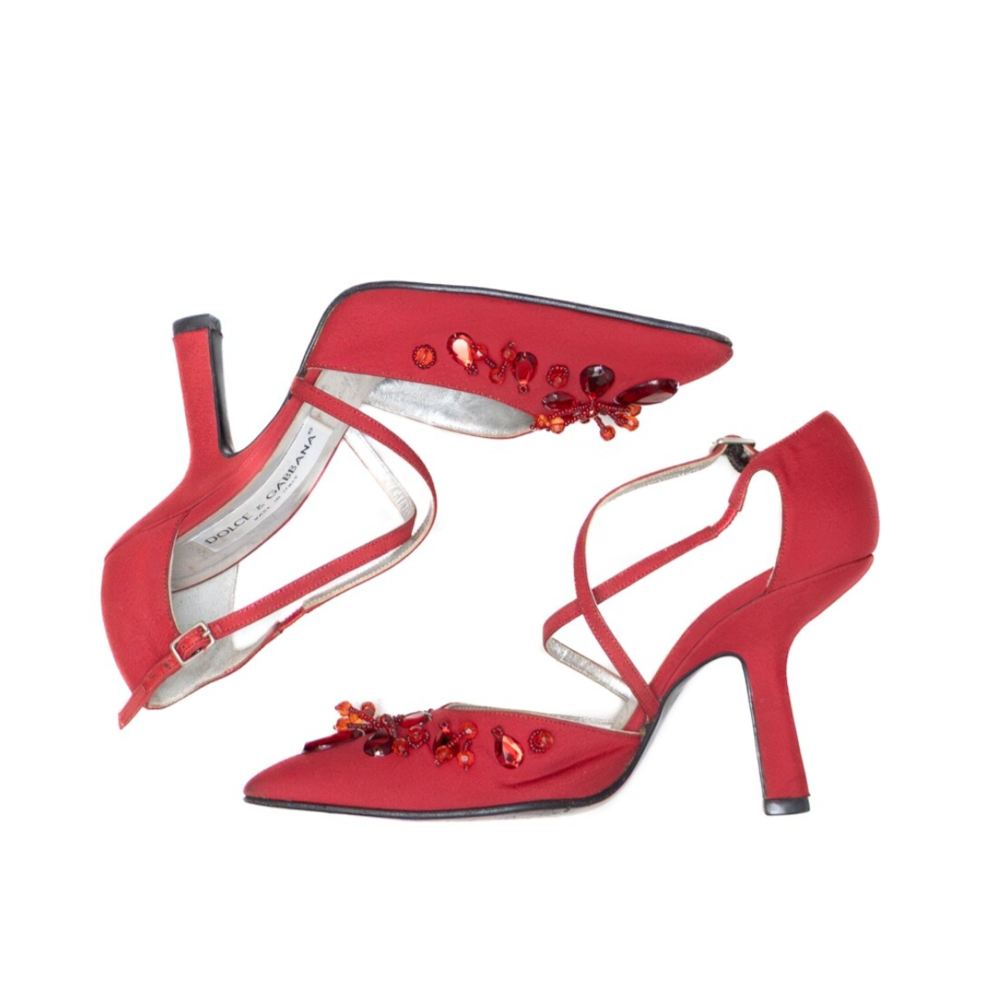 Vintage Dolce & Gabbana Red Satin Jeweled Stiletto Heels – Size US 6.5