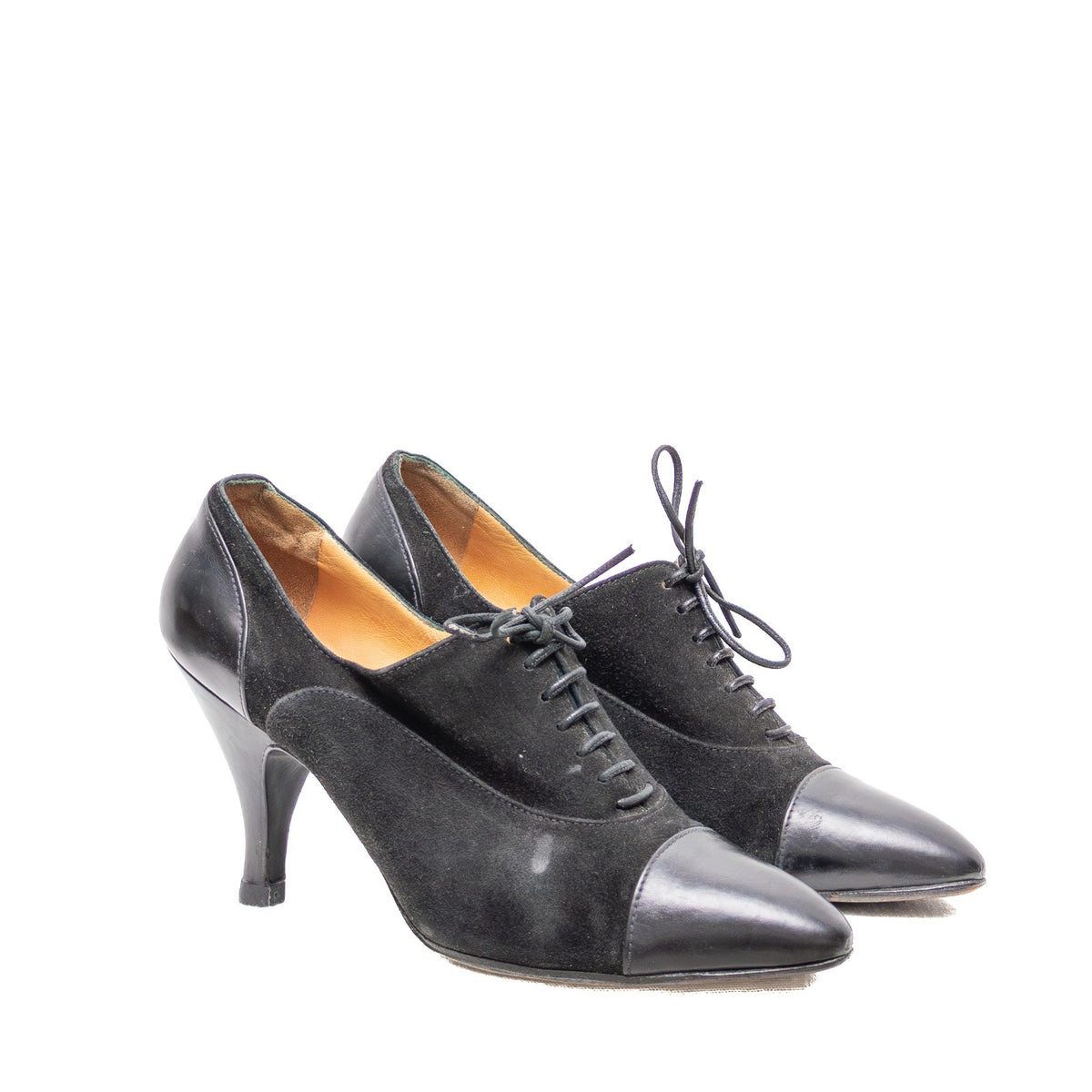 Hermès Derby Black Suede & Leather Lace-Up Heels — Size 35.5 EU / 5.5 US