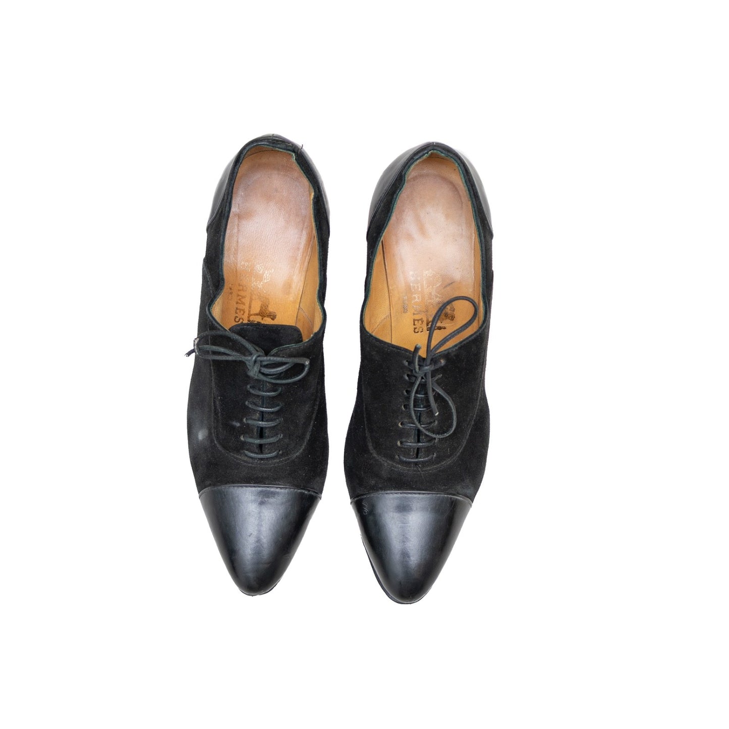 Hermès Derby Black Suede & Leather Lace-Up Heels — Size 35.5 EU / 5.5 US