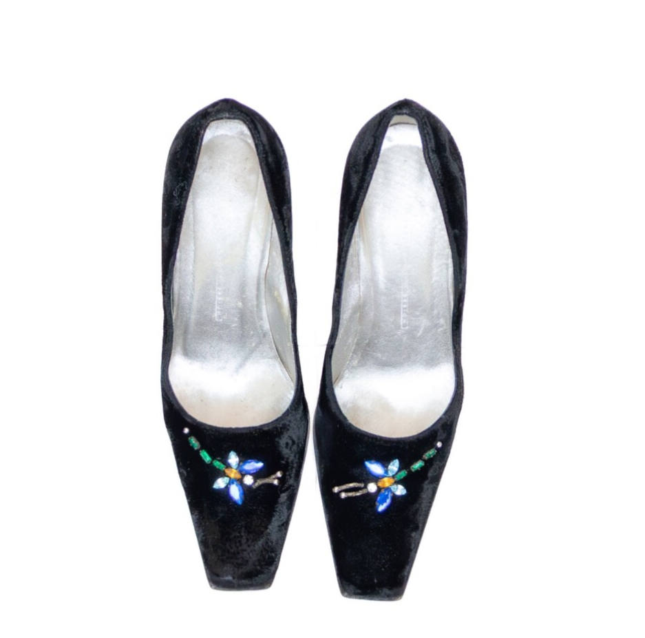 Rare VTG Giuseppe Zanotti Black Velvet Dragonfly Embellished Heels – Size EU 36