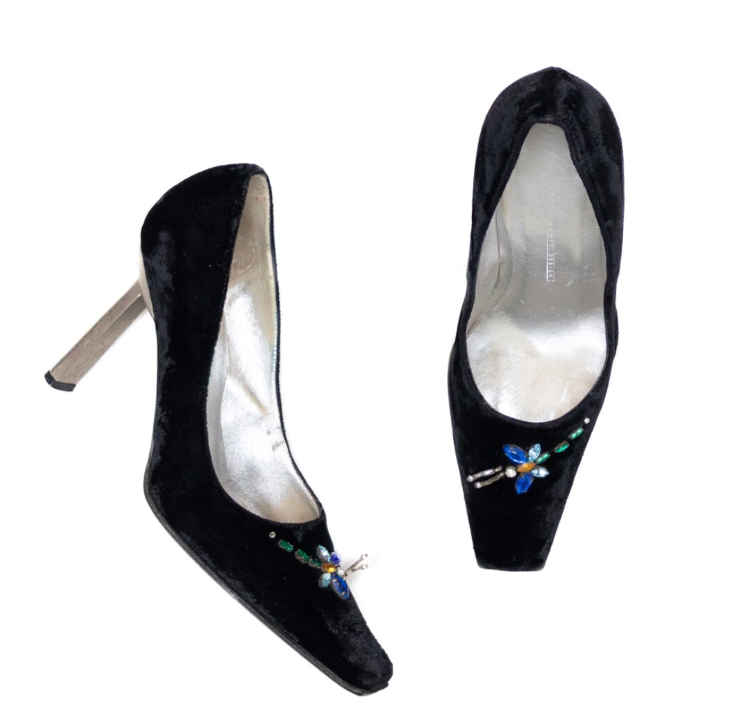 Rare VTG Giuseppe Zanotti Black Velvet Dragonfly Embellished Heels – Size EU 36