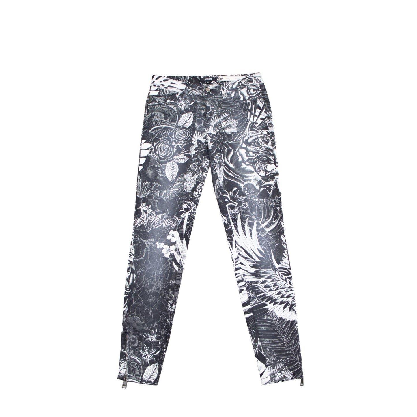 Just Cavalli Luxury Skinny Leg Tiger Print Jeans Black White Size 27 US 4