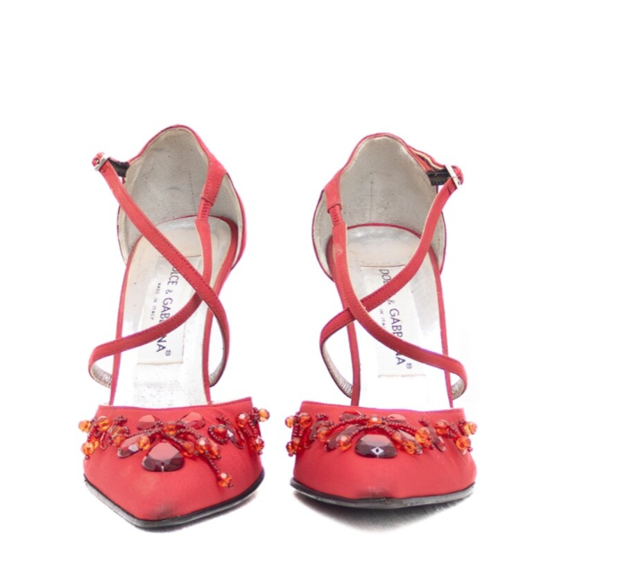 Vintage Dolce & Gabbana Red Satin Jeweled Stiletto Heels – Size US 6.5