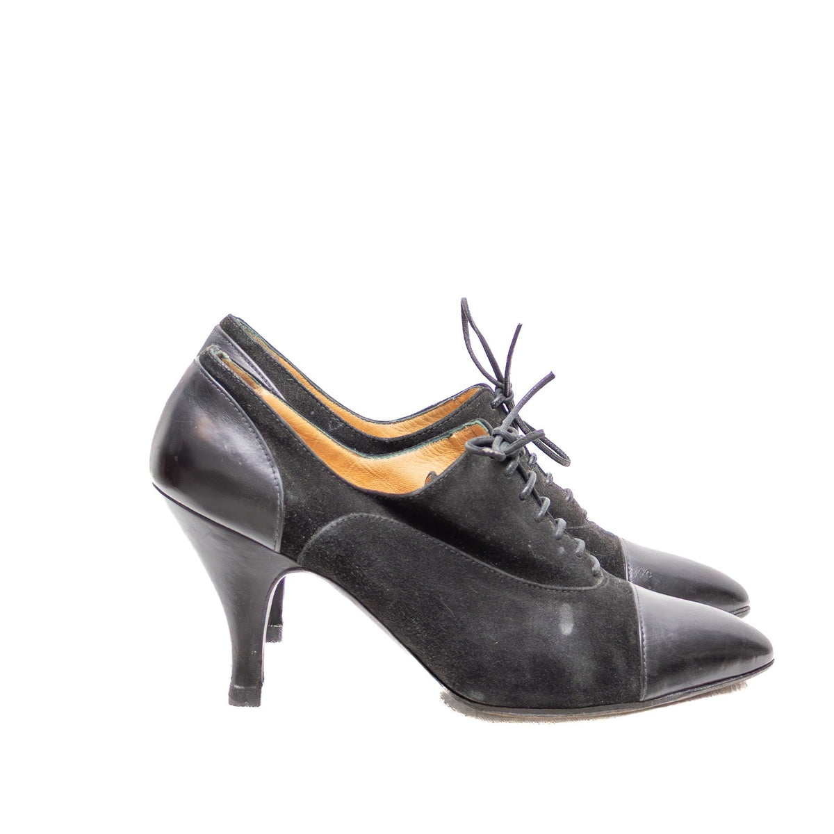 Hermès Derby Black Suede & Leather Lace-Up Heels — Size 35.5 EU / 5.5 US