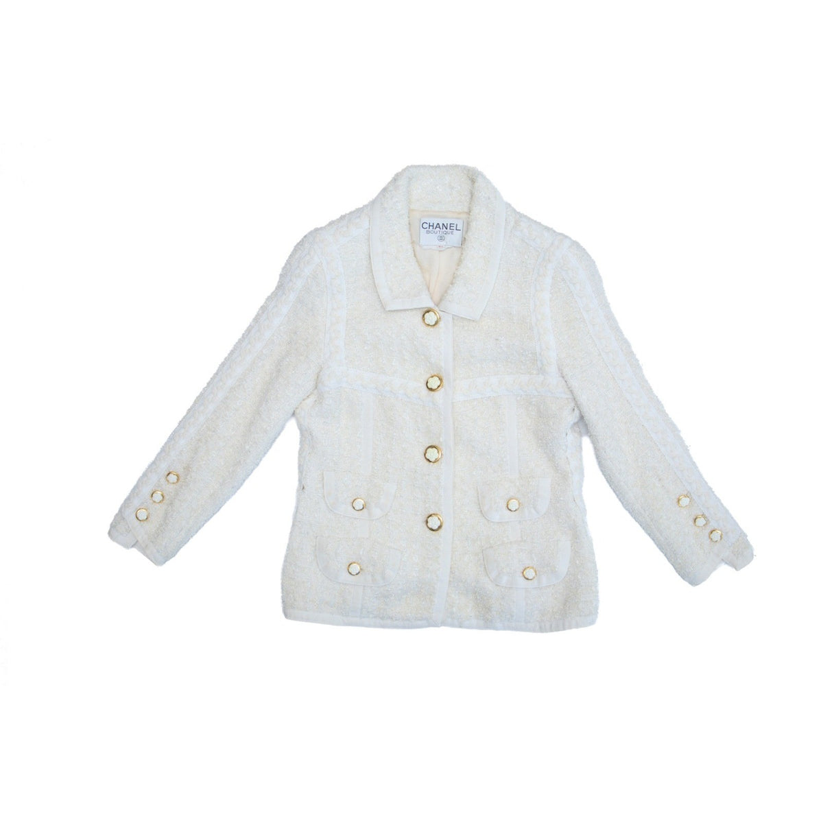Chanel Vintage Cruise 1992 White Tweed  Camellia Flower  Jacket Suit Size 34