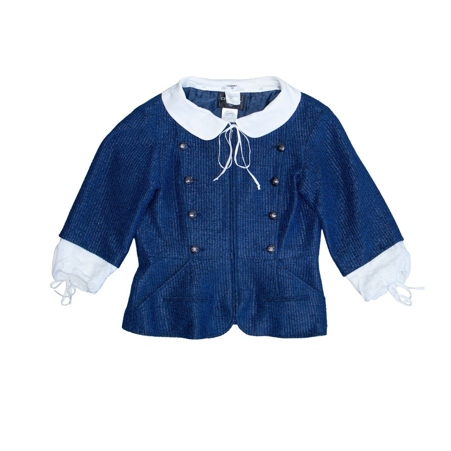 CHANEL Resort 2014 Runway Blue Tweed Jacket CC Buttons FR 46 US 14 P48058