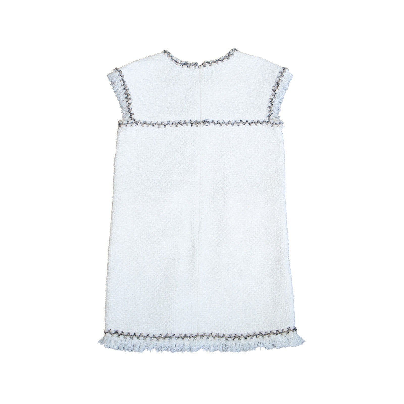 CHANEL White Tweed Sleeveless Dress FR 40 US 8 Fringe Trim CC Owl Button