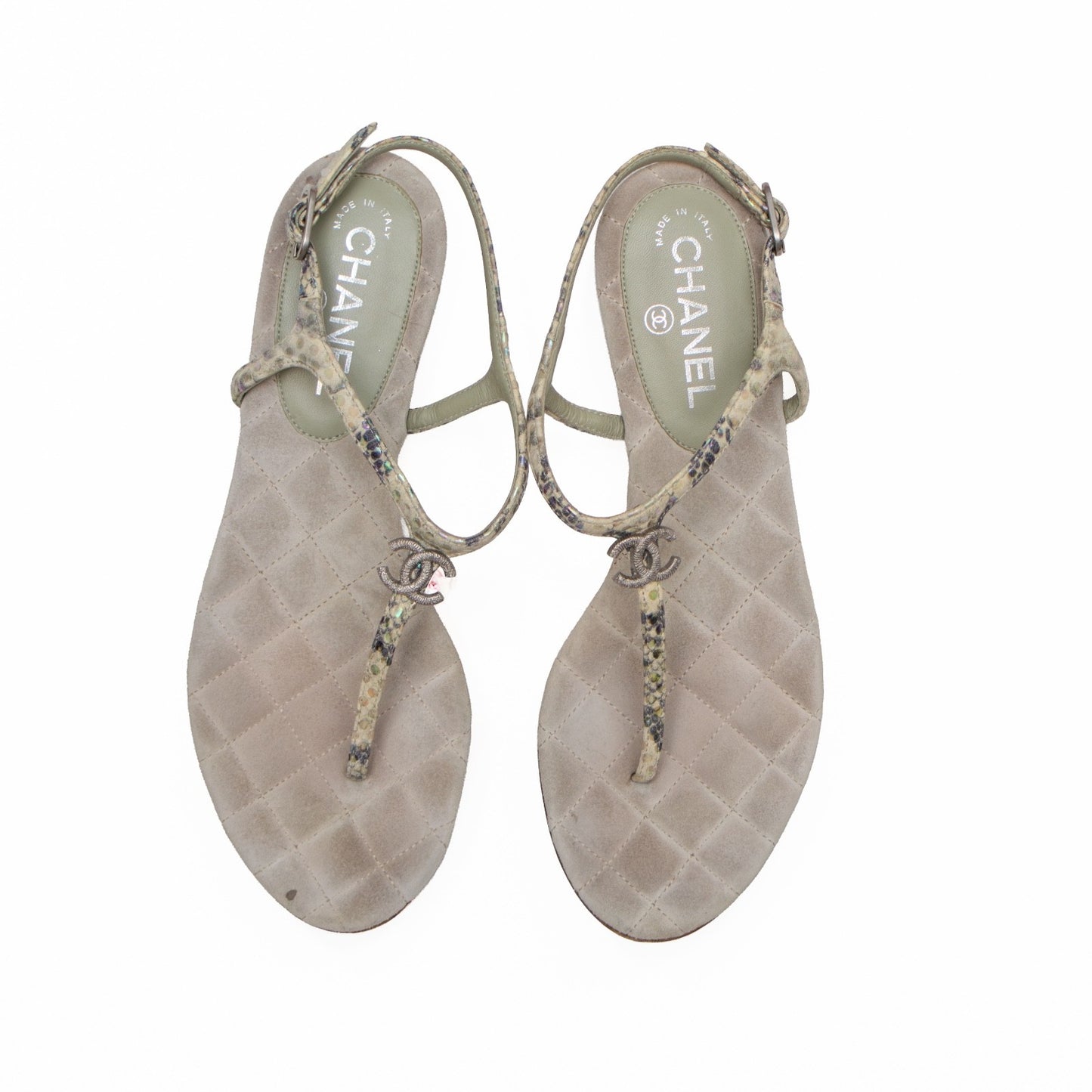 Chanel Green Python Embossed Leather T-Strap Sandals – Size EU 39C / US 8