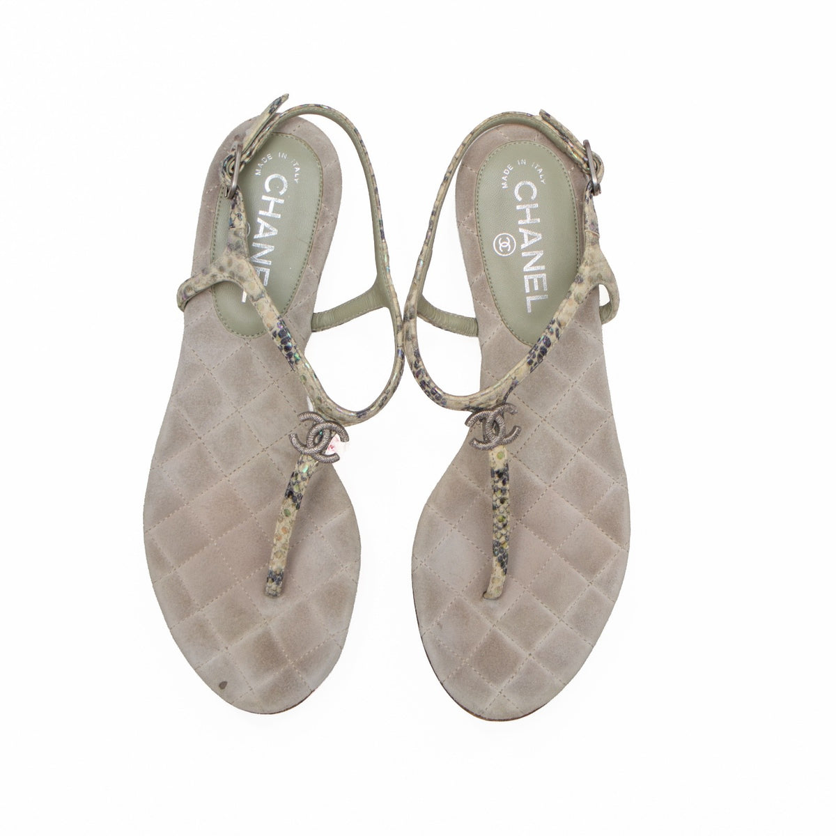 Chanel Green Python Embossed Leather T-Strap Sandals – Size EU 39C / US 8