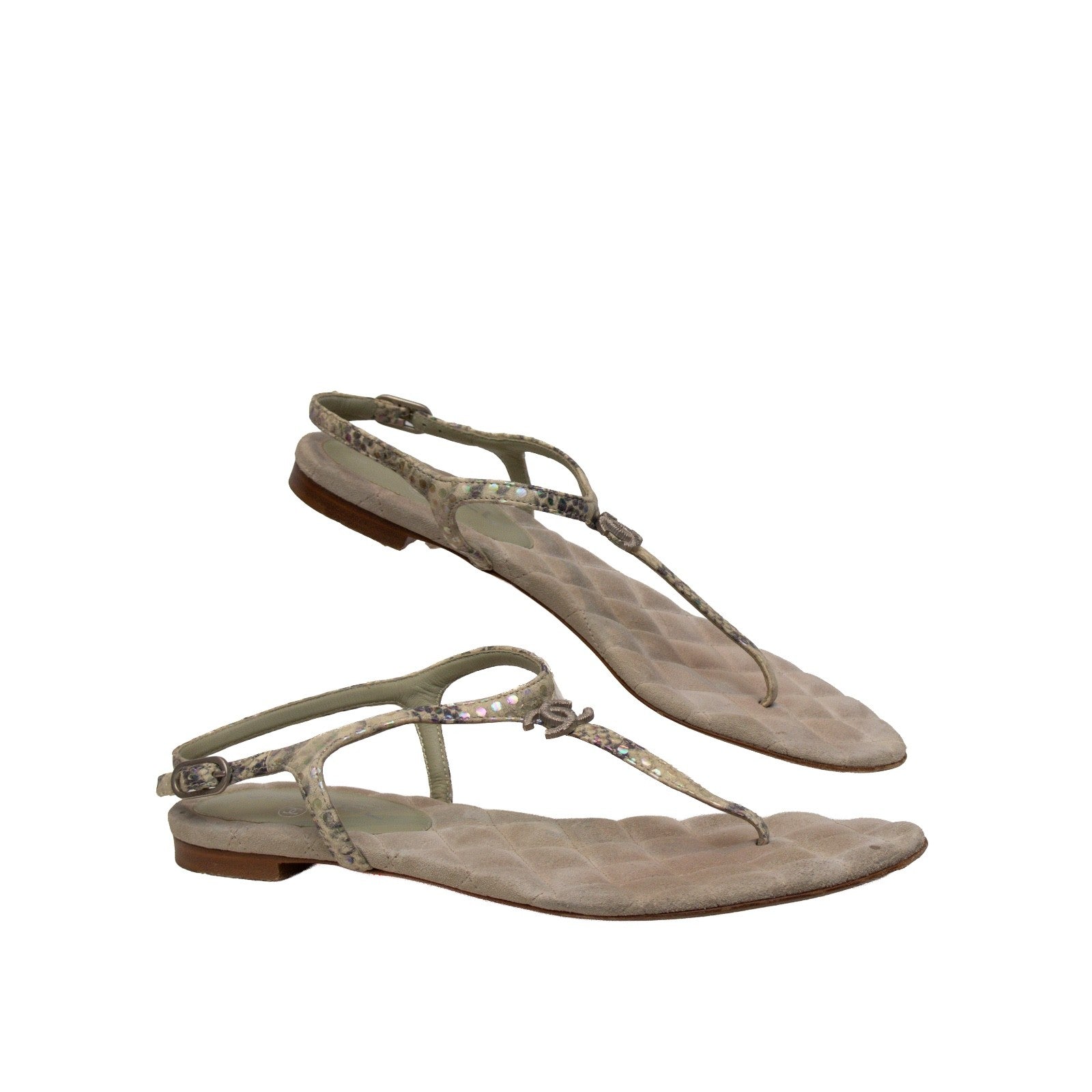 Chanel Green Python Embossed Leather T-Strap Sandals – Size EU 39C / US 8