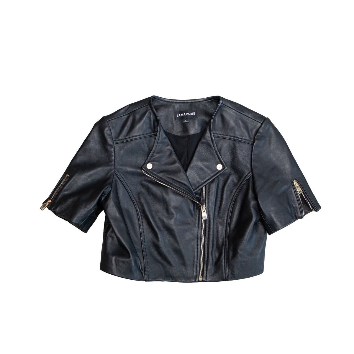 465$ Lamarque Kirsi Black Lamb Leather Cropped Moto Jacket Short Sleeve SizeS