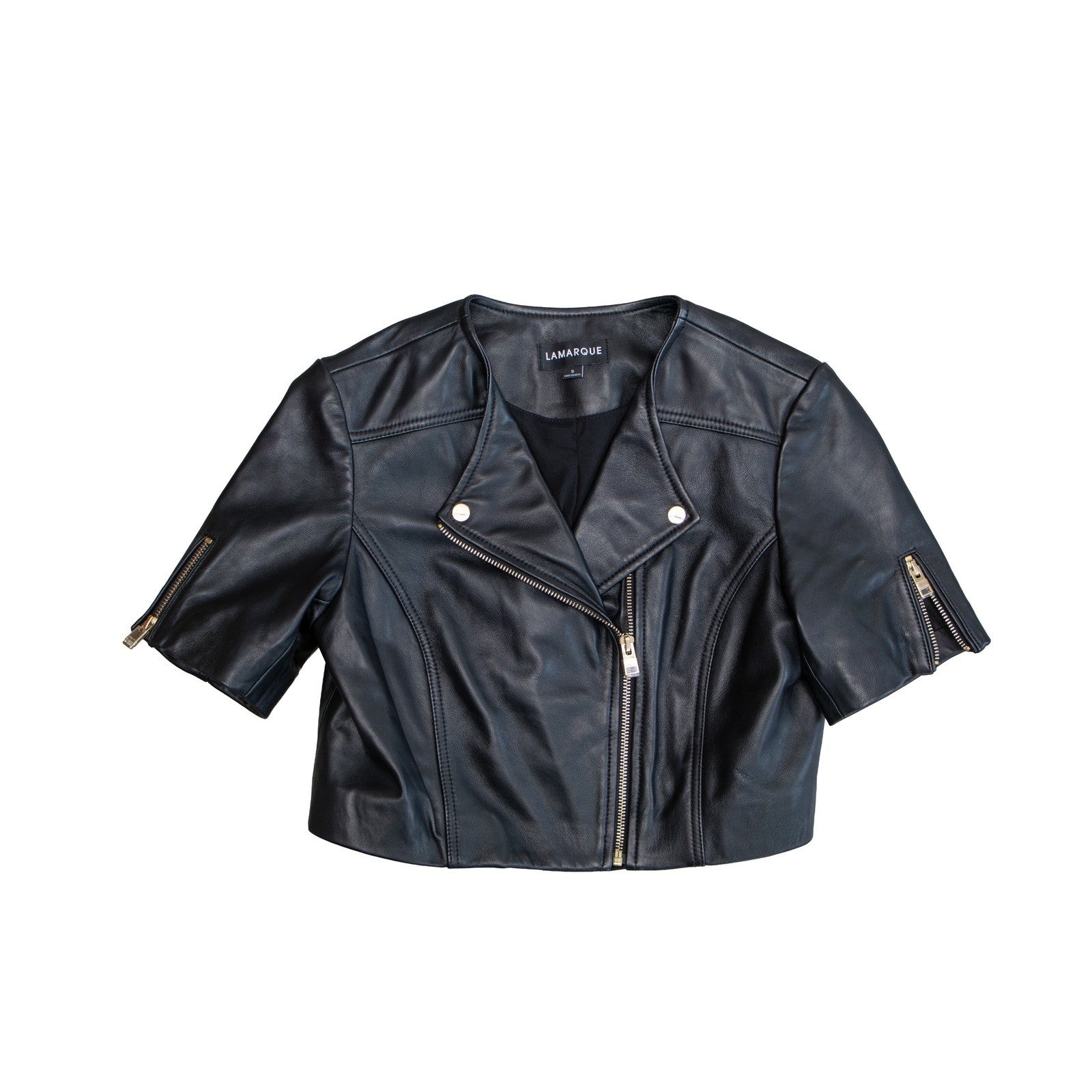 465$ Lamarque Kirsi Black Lamb Leather Cropped Moto Jacket Short Sleeve SizeS