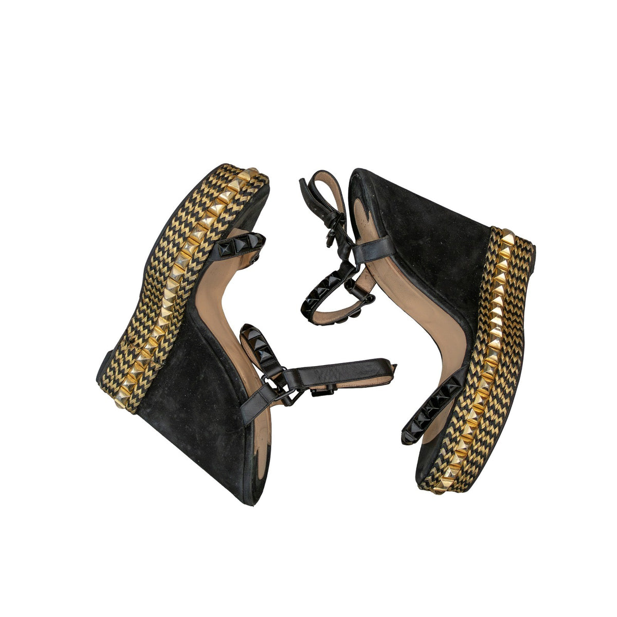 Christian Louboutin Cataclou Studded Wedge Sandals Black Gold Size 41 US 11