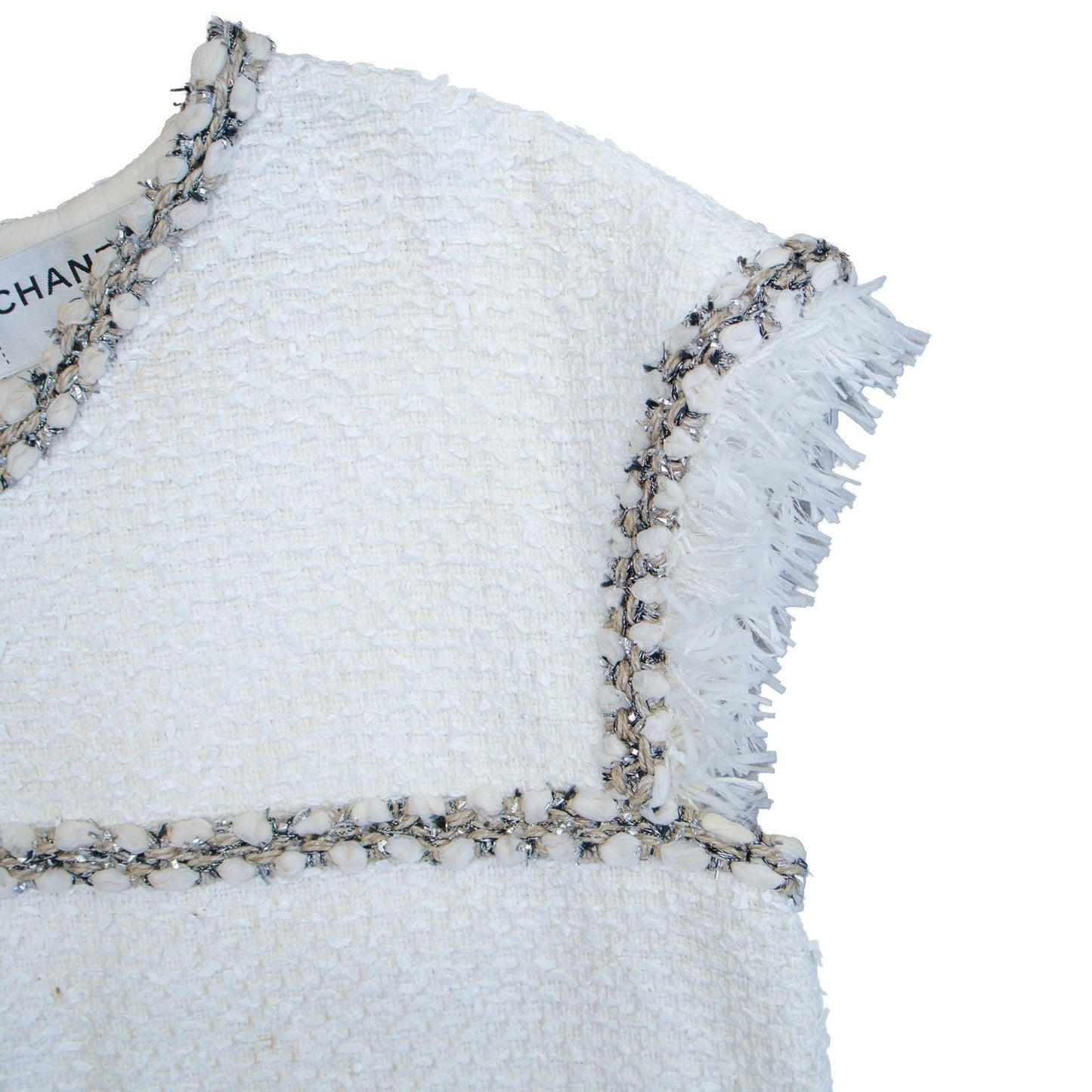 CHANEL White Tweed Sleeveless Dress FR 40 US 8 Fringe Trim CC Owl Button