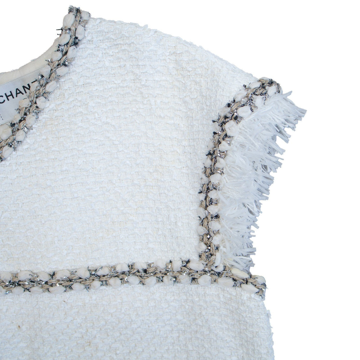 CHANEL White Tweed Sleeveless Dress FR 40 US 8 Fringe Trim CC Owl Button