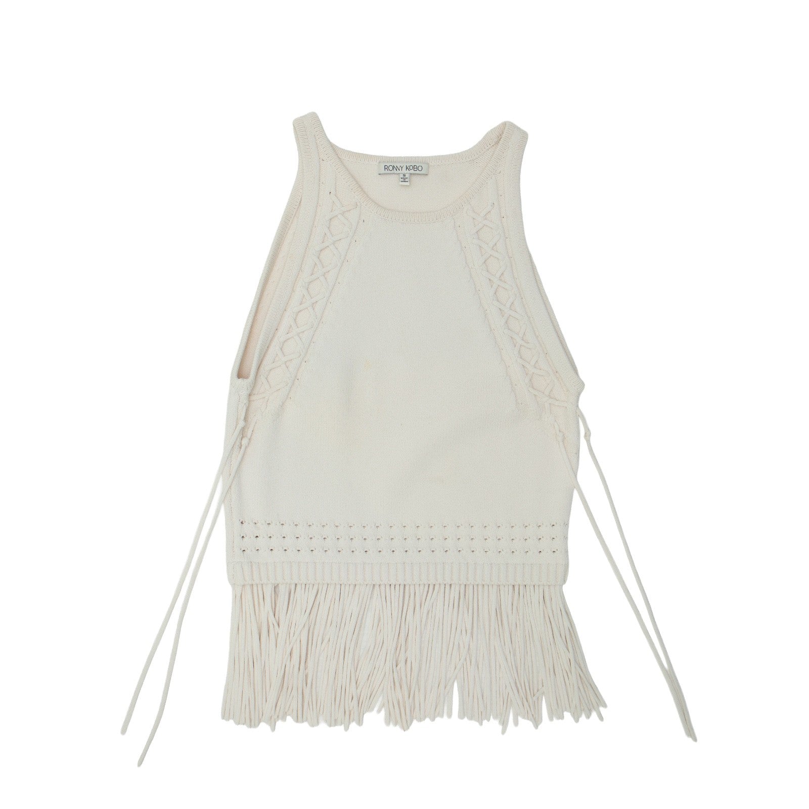 Ronny Kobo Cream Rosalita Fringed Knit Tank Top Womens Size Small