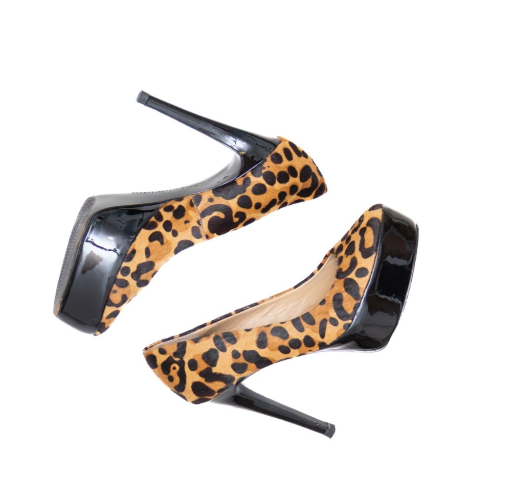 Diane von Furstenberg heels cheetah print calf hair platform white brn black 6.5