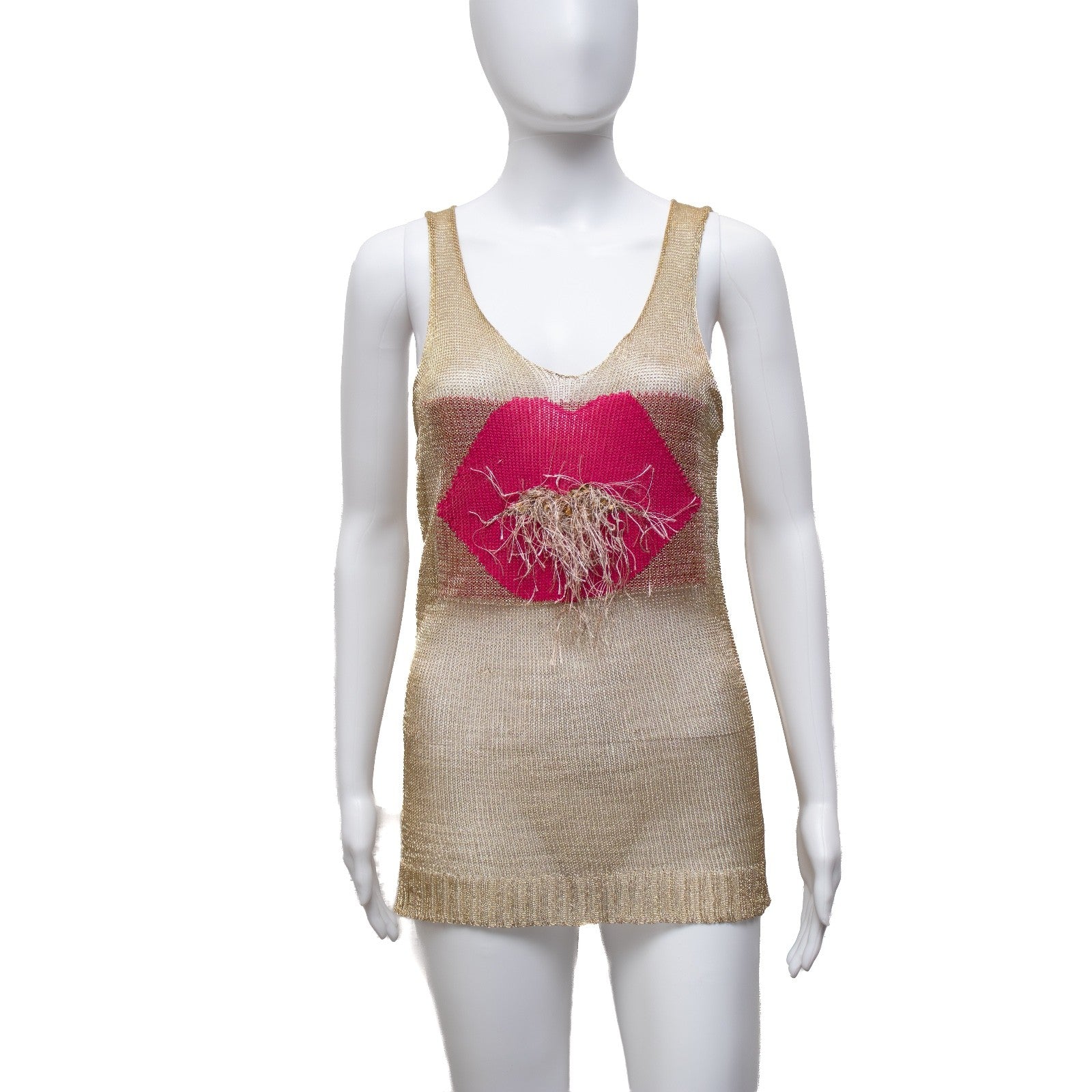 LSS Paris Gold Metallic Mesh Tank Top Lip Graphic Sleeveless Size XS/S