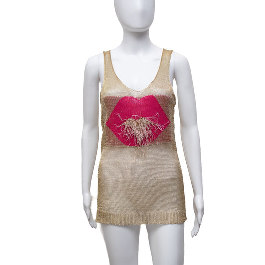 LSS Paris Gold Metallic Mesh Tank Top Lip Graphic Sleeveless Size XS/S