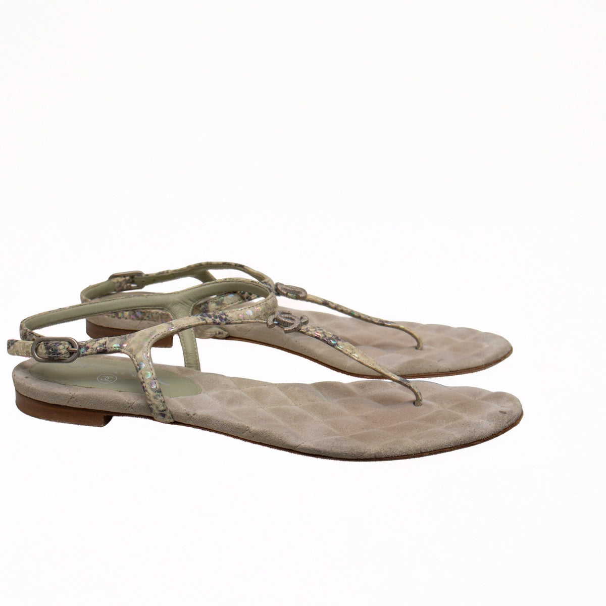 Chanel Green Python Embossed Leather T-Strap Sandals – Size EU 39C / US 8